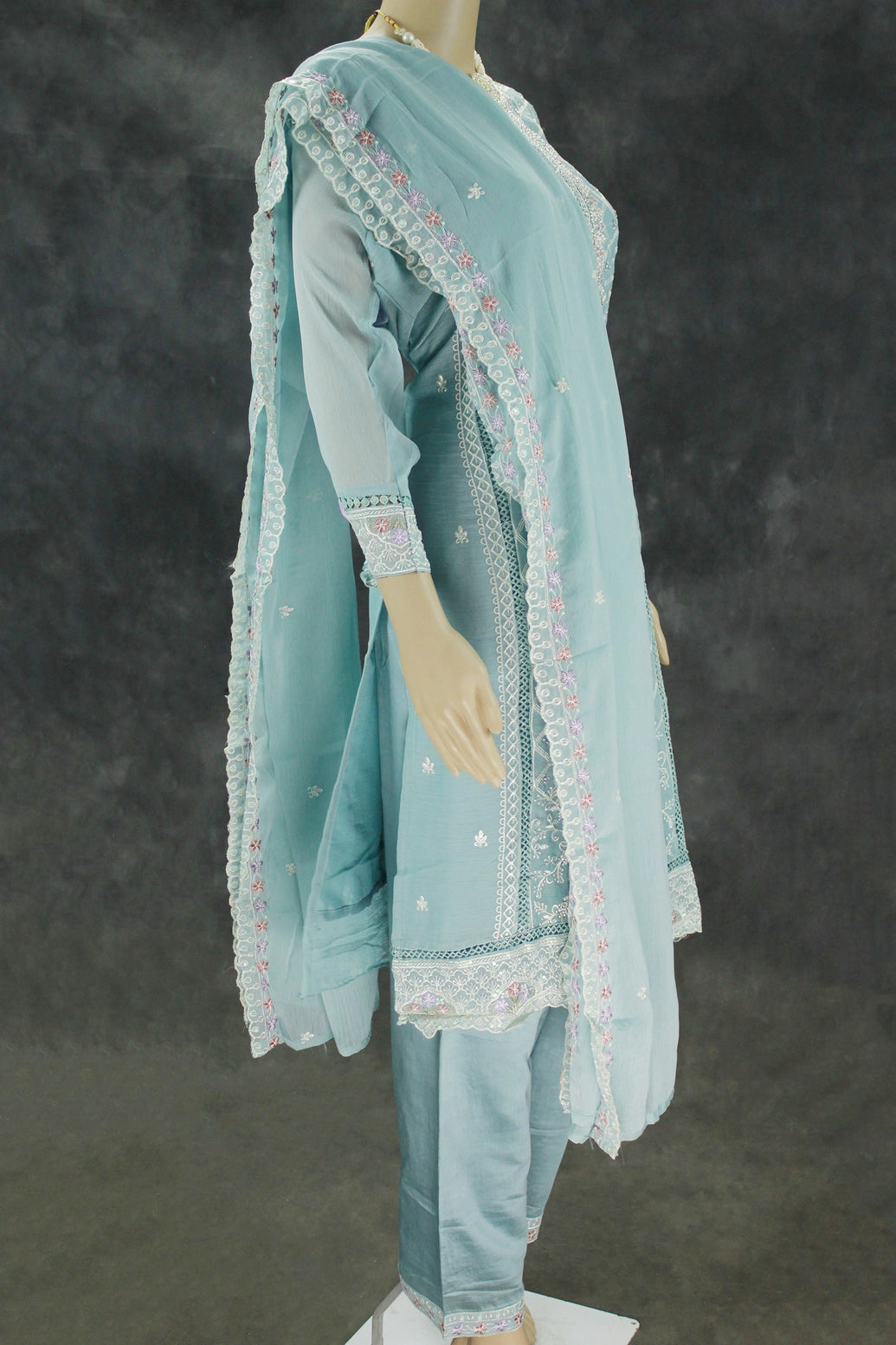 Pastel Blue 3-Piece Salwar Suit Set with Organza Chiffon Kurti, Silk Feel Bottom & Stone Work Dupatta