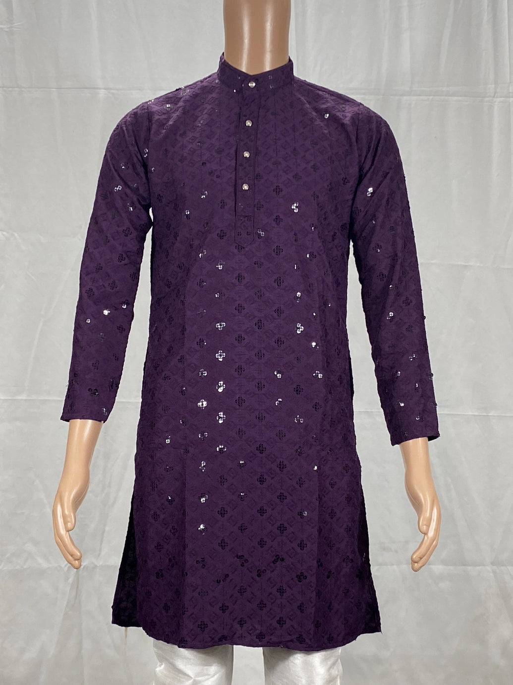 Men Purple Lakhnavi Kurta with All-Over Motif and Stand Collar for Festive Wear