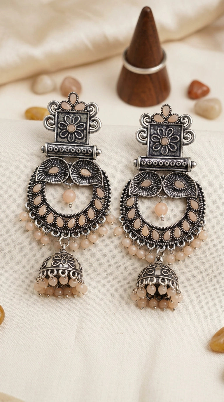 Oxidised Silver Peach Stone Statement Jhumka Earrings with Floral Square Stud Design for Women