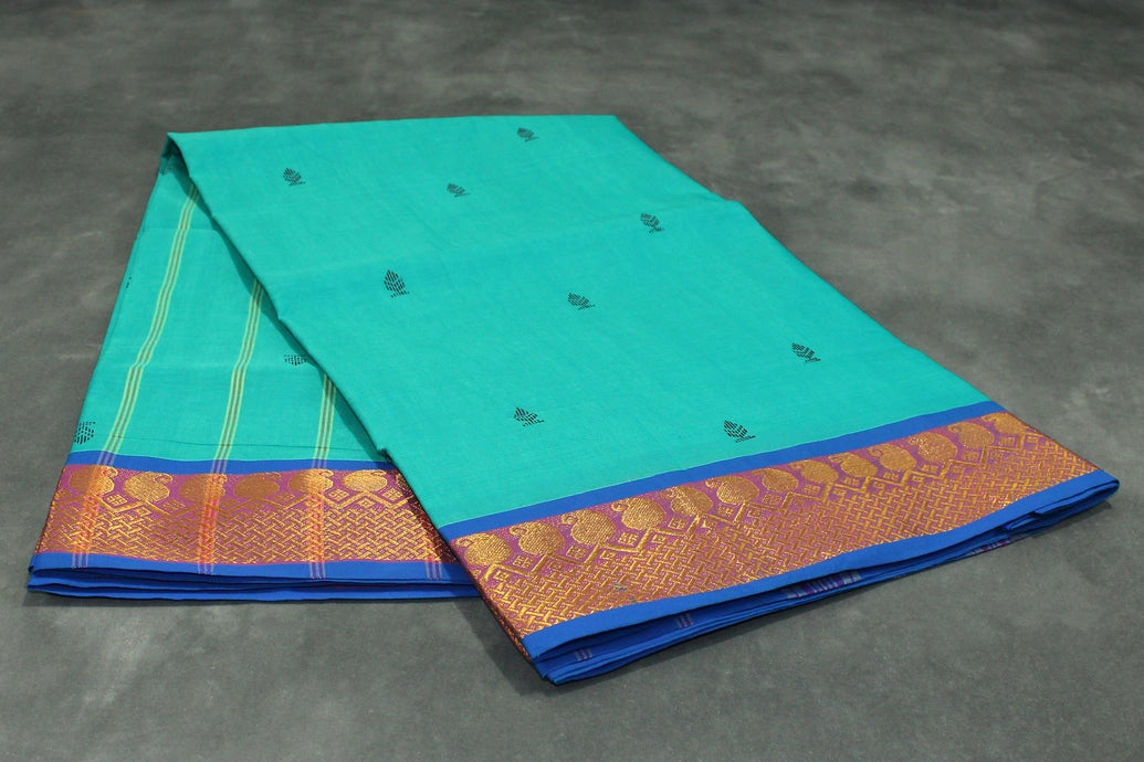 Teal Green Poly Cotton Saree with Gold-Tone Zari Border, Butta Motifs and Line Pallu - Traditional Indian Saree Saree JCS Fashions