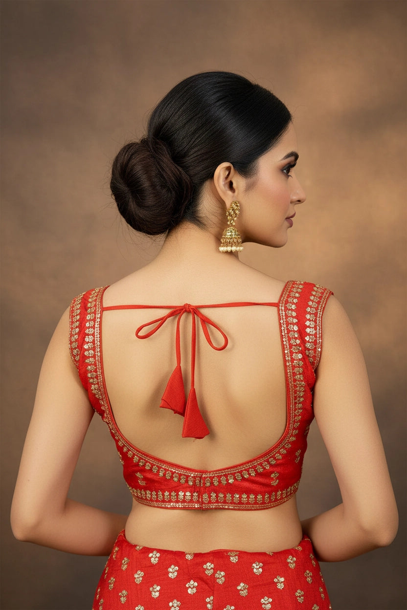 Red Readymade Padded Designer Blouse with Sequin Floral Motifs, Sleeveless Back Knot, Fully Stitched