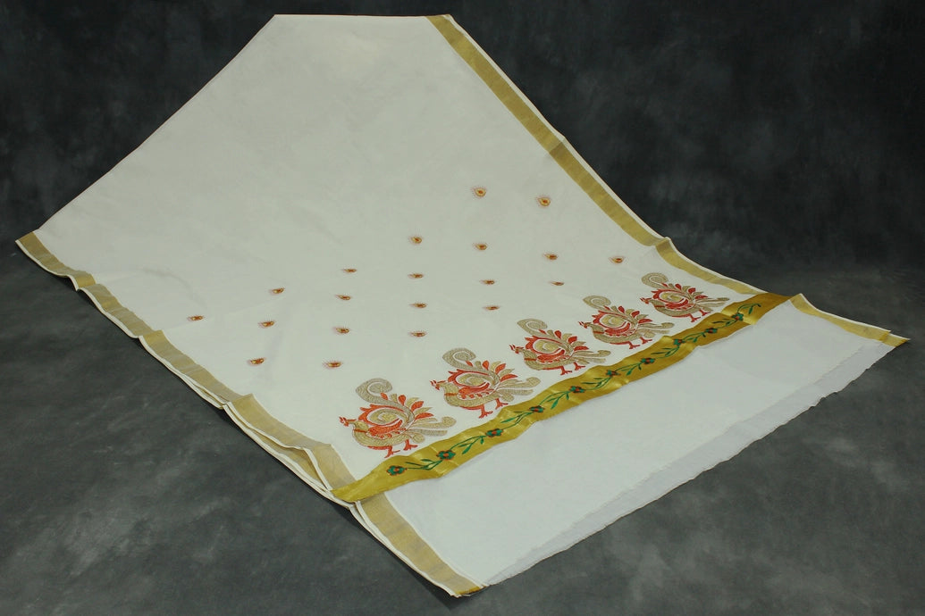 Pure Kerala Cotton White Saree with Gold Zari Peacock Embroidery and Blouse Piece
