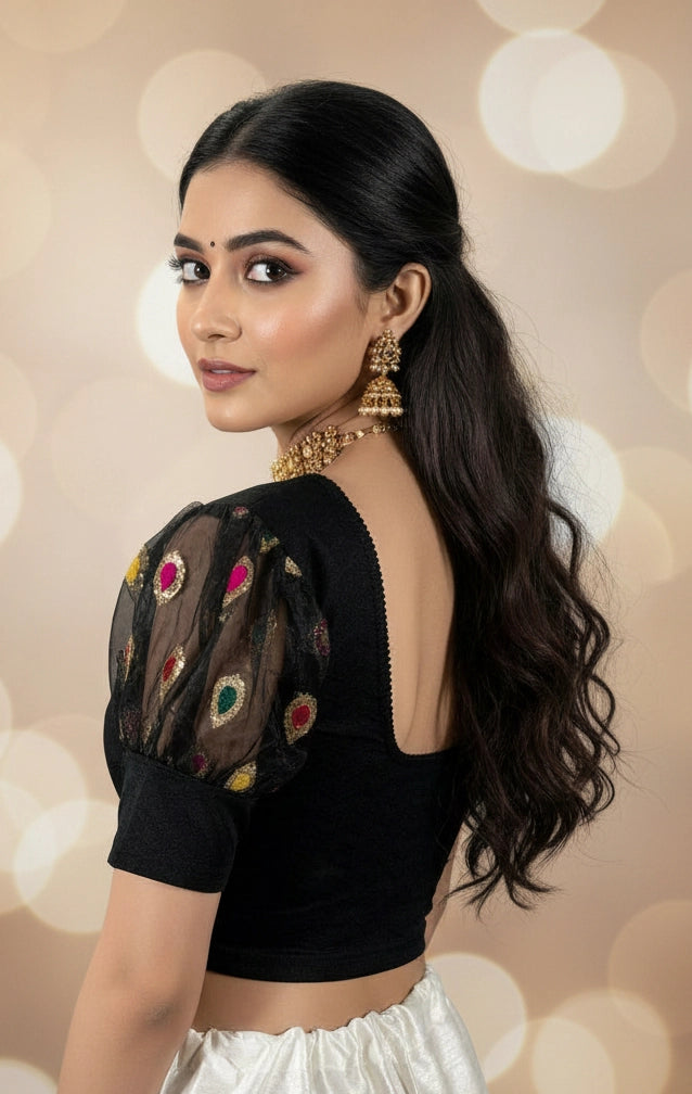 Black Readymade Stretchable Designer Blouse with Puff Sleeves and Zari Motifs for Saree and Ethnic Wear