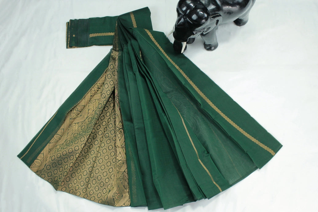 Dark Green Silk Cotton Saree with Zari Border and Matching Blouse