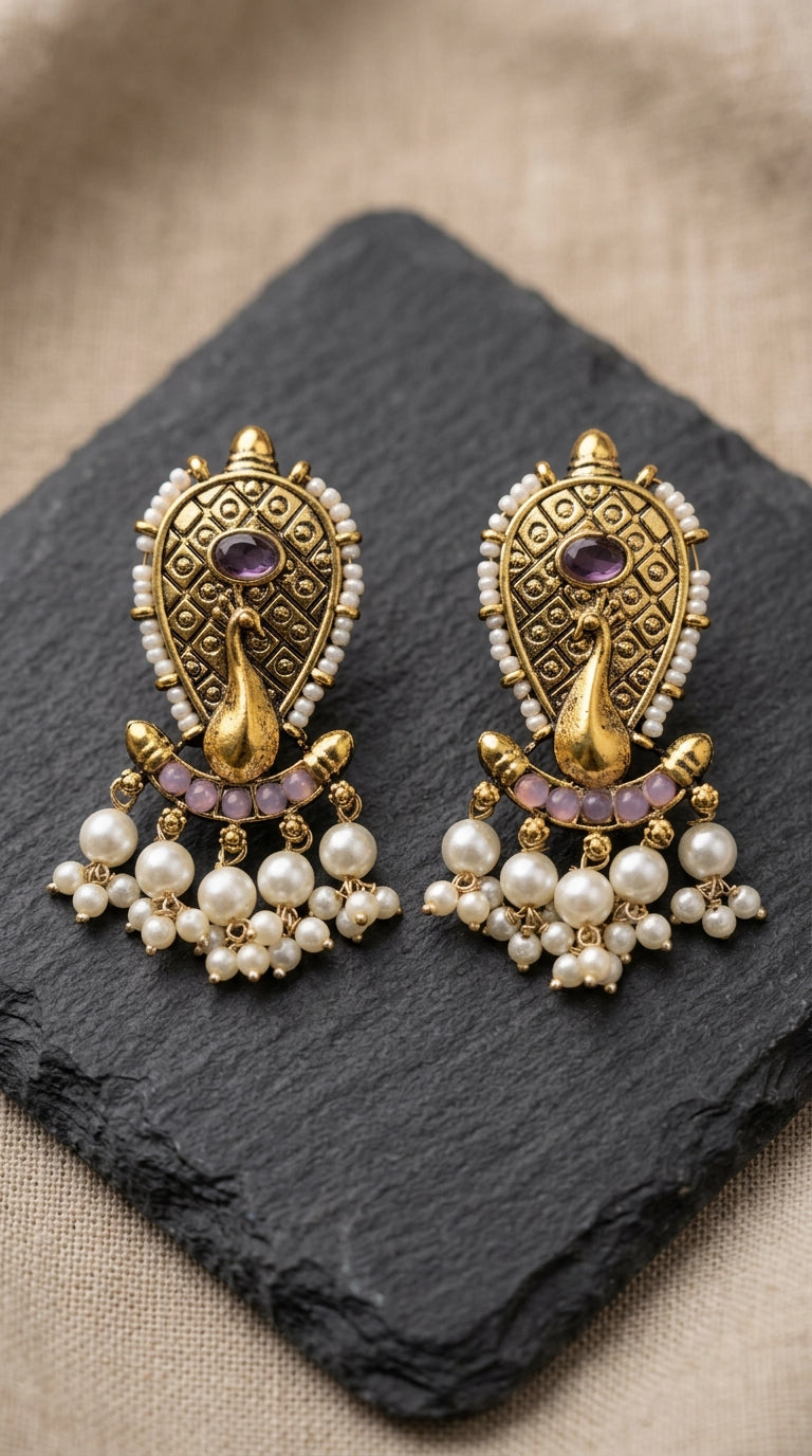 Lavender Oval Stone Traditional Pearl Drop Earrings, Antique Gold-Finish Statement Design