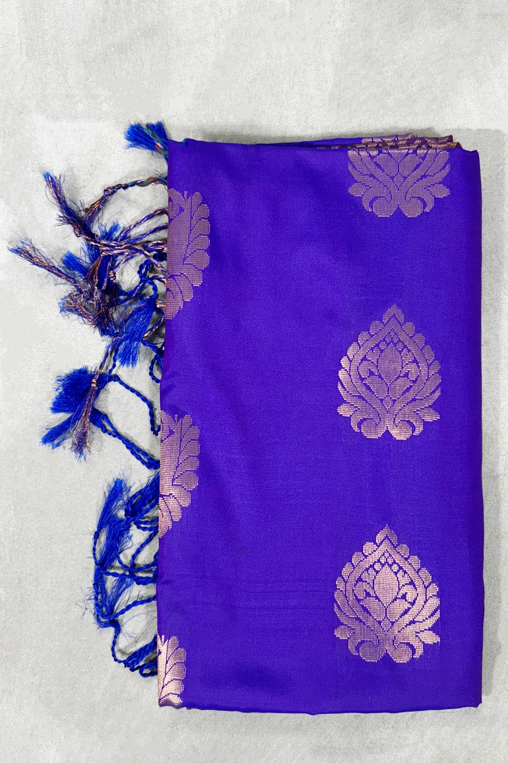 Purple Semi Soft Silk Saree with Contrast Border, Delicate Gold Zari Buttas and Traditional Floral Zari Border