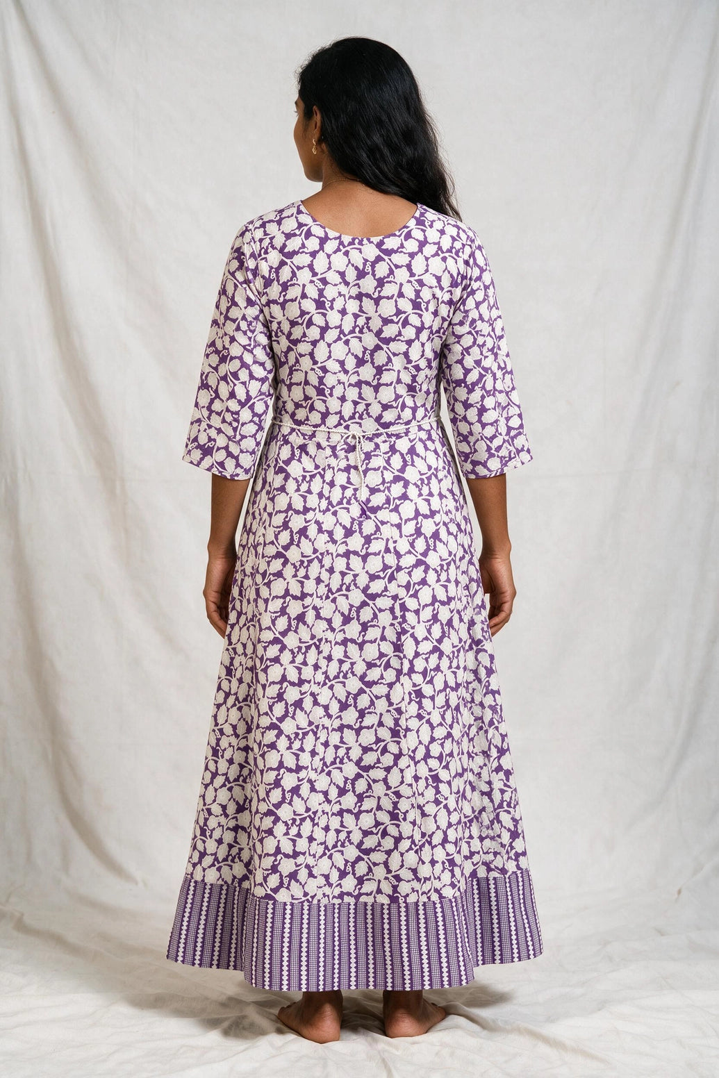 Lavender Cotton Anarkali Kurti Gown with Geometric Floral Print & Silver Sequin Stripe Detail