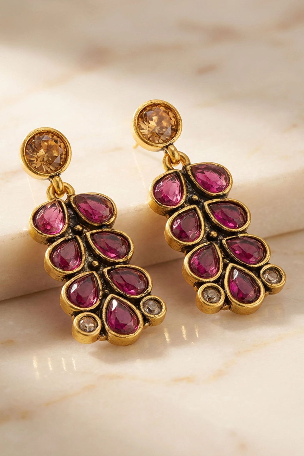 Purple Stone Antique Gold-Tone Teardrop Stud Drop Earrings for Women | Traditional Ethnic Fashion Jewellery