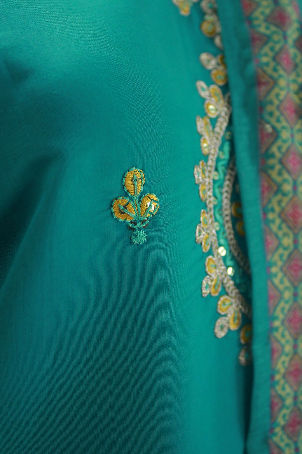 Rama Green Roman Silk 3-Piece Kurti Set with Elastic Pant & Digital Print Dupatta for Women