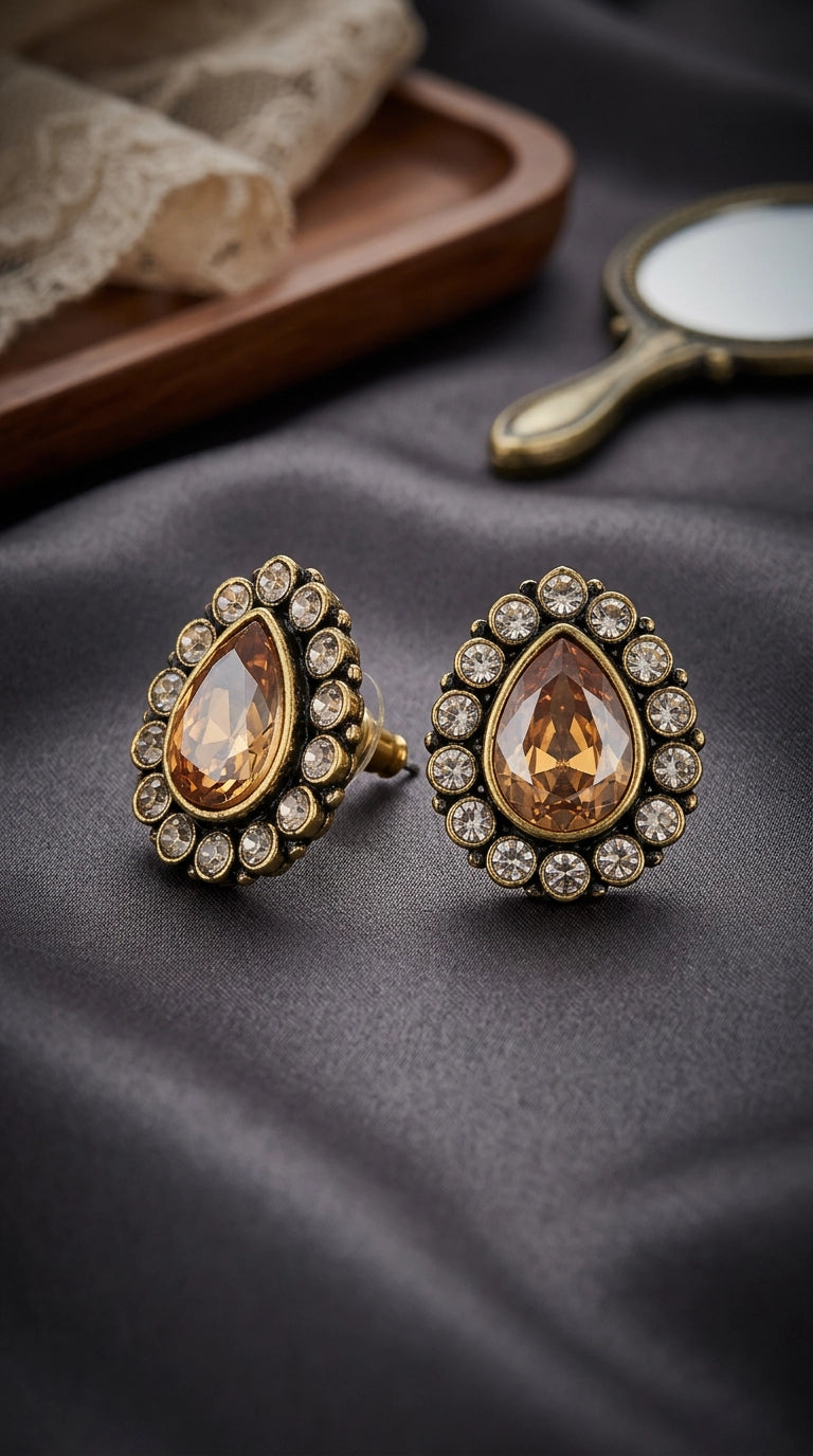 Gold-Tone Teardrop Stud Earrings with Champagne Crystal Halo for Traditional and Festive Wear