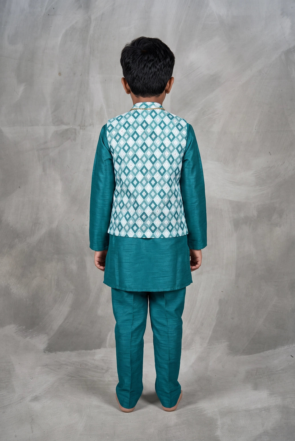 Boys Sky Blue Koti Kurta Set with Printed Nehru Style Waistcoat, Matching Pants and Decorative Brooch