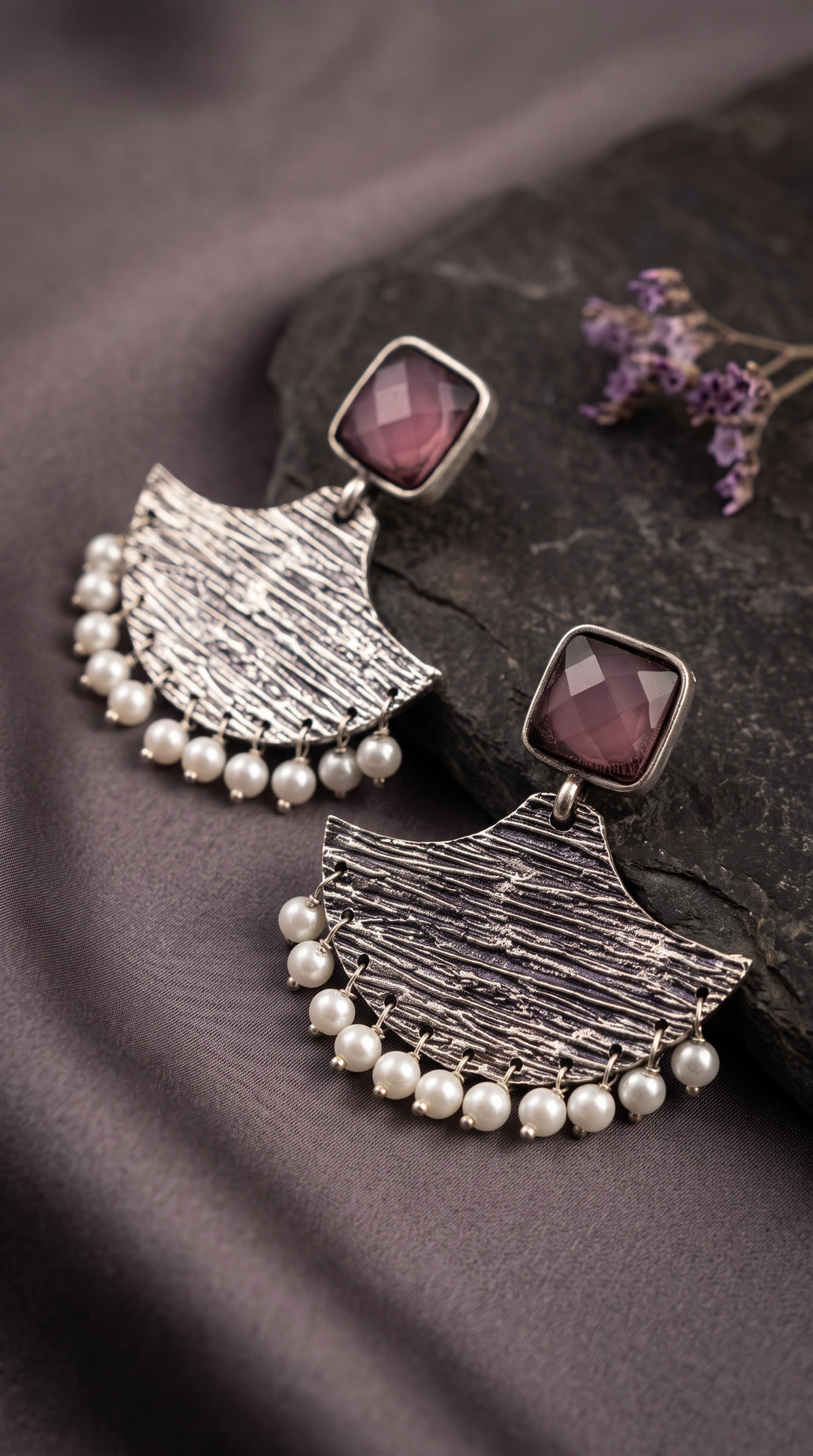 Purple Stone Triangular Dangler Earrings with Pearl Beads, Silver-Toned Fashion Jewellery for Party & Festive Wear