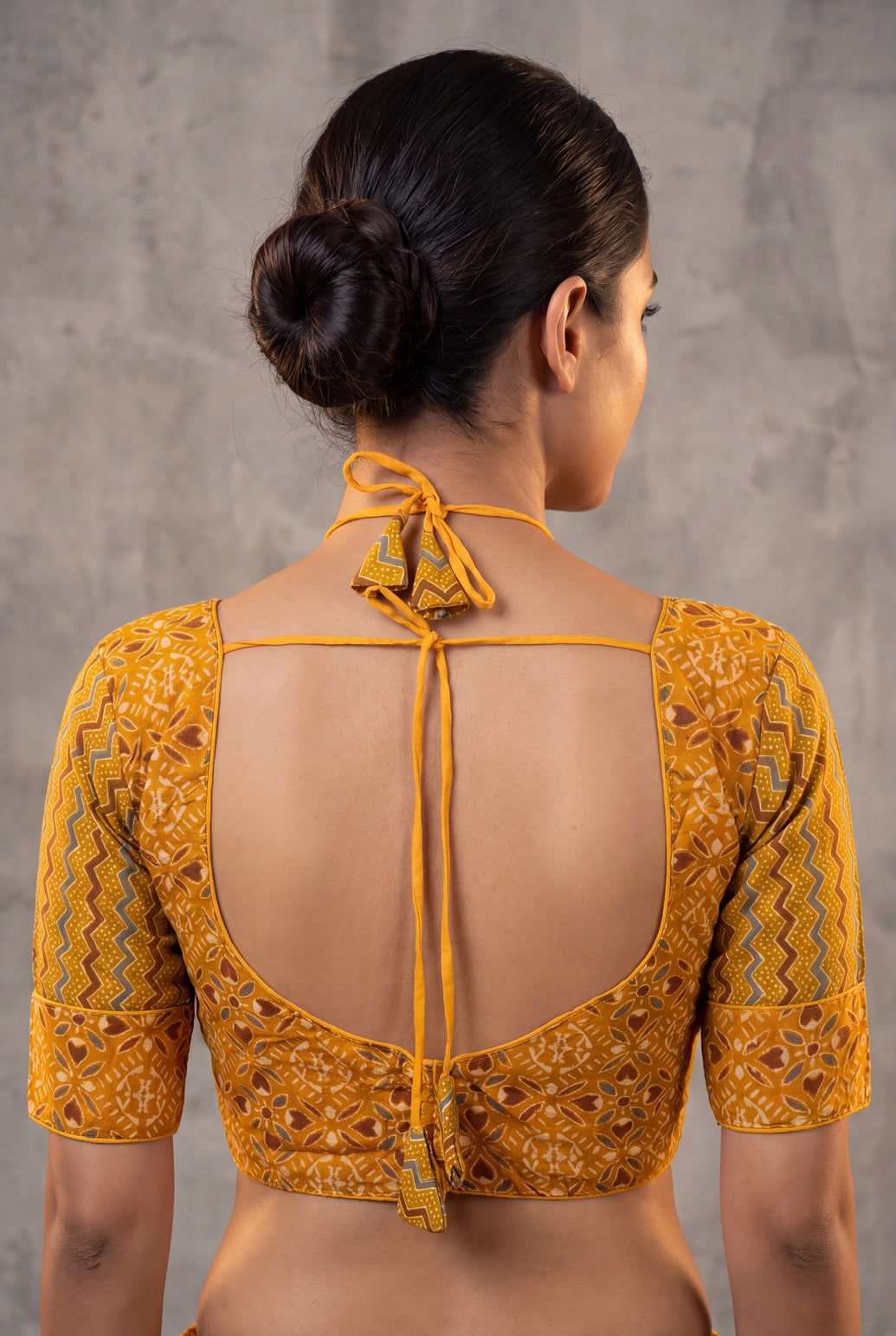 Yellow Ajrakh-Inspired Padded Cotton Blouse, Readymade Designer Fully Stitched with Back Knot & Zigzag Print