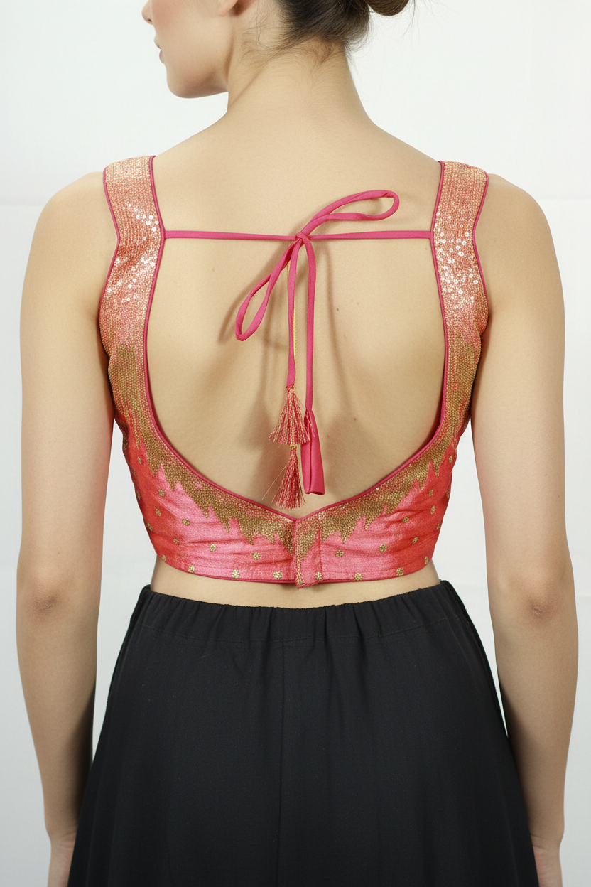 Magenta Zari Embroidered Padded Sleeveless Designer Blouse with Back Knot, Scalloped Pattern, Fully Stitched