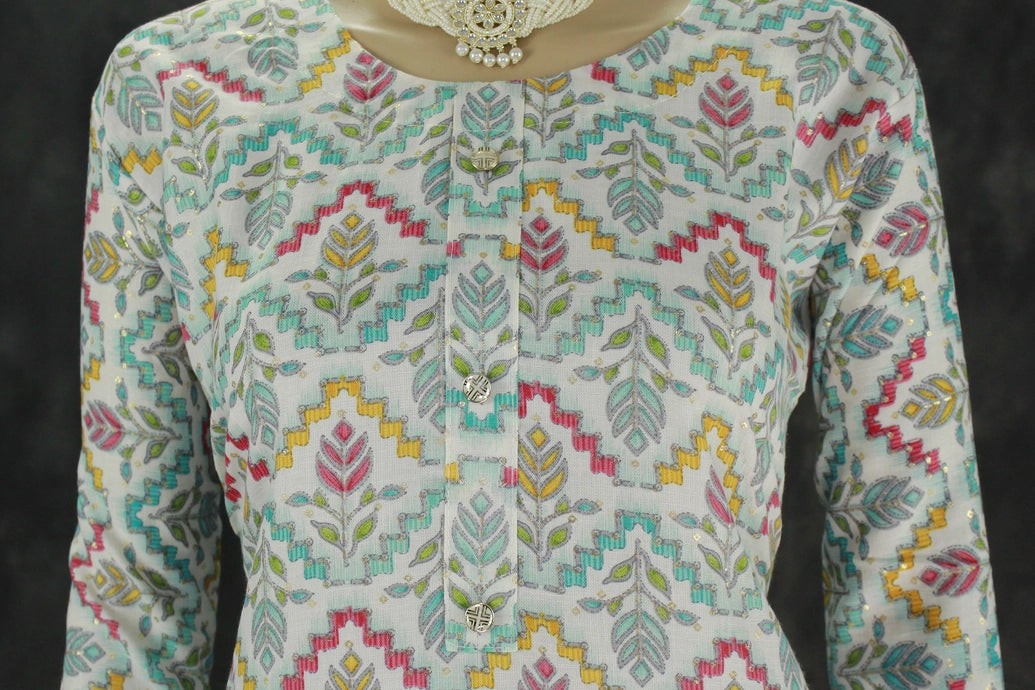 Cotton Printed Kurti Set with Elasticated Pants, Cream & Multicolour Print - Two-piece Kurti and Pant