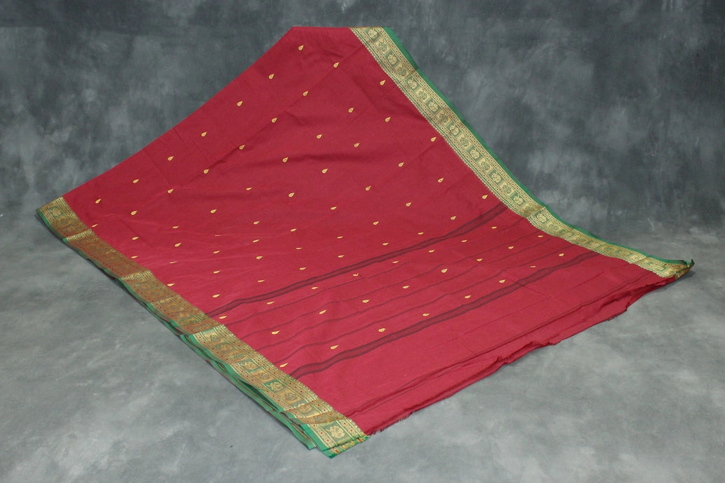 Red Poly Cotton Butta Saree with Green-Gold Thread Border - Traditional Indian Saree Saree JCS Fashions