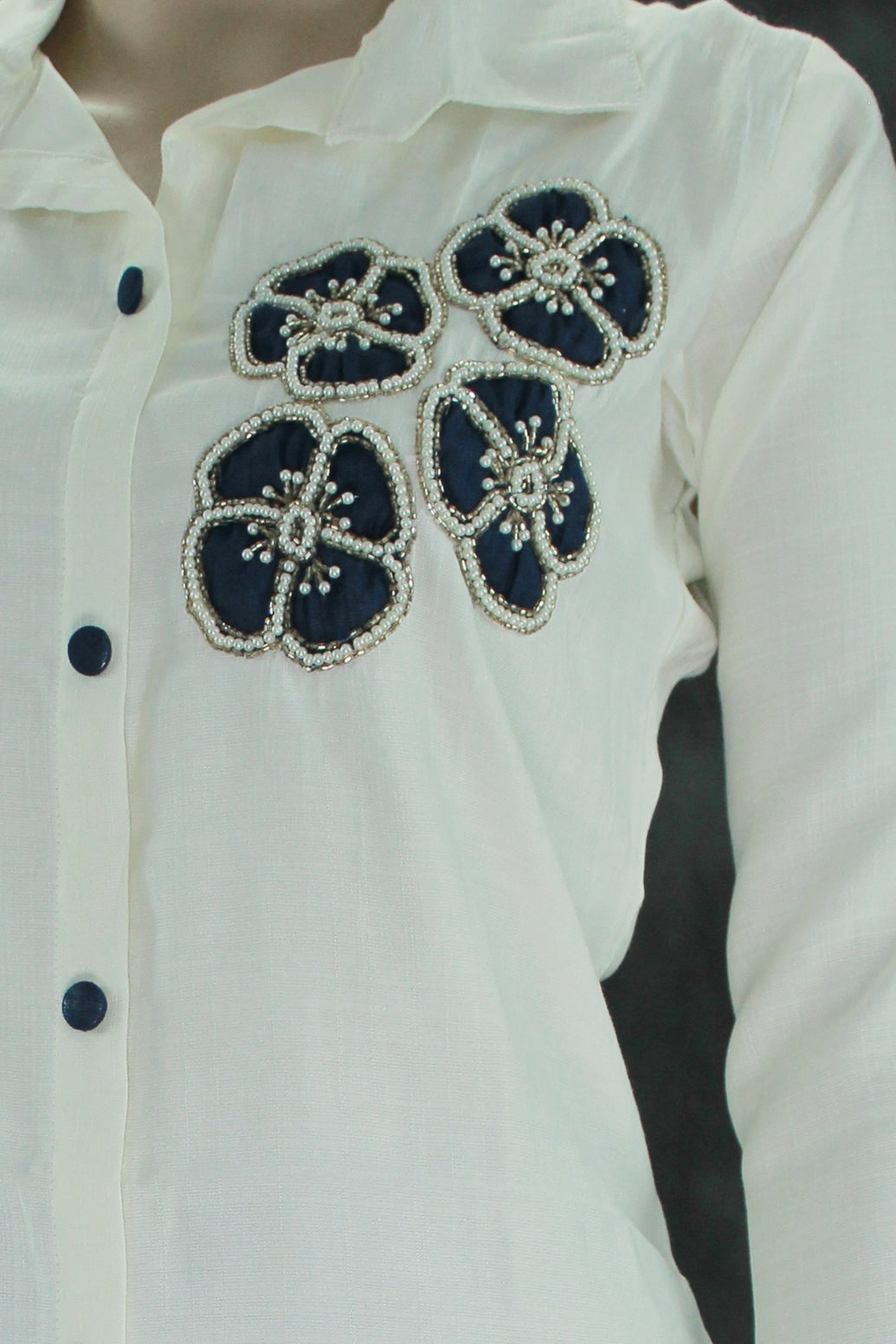 White Cotton-Rayon Embroidered Floral Kurti with Navy Pants - 2PC Set