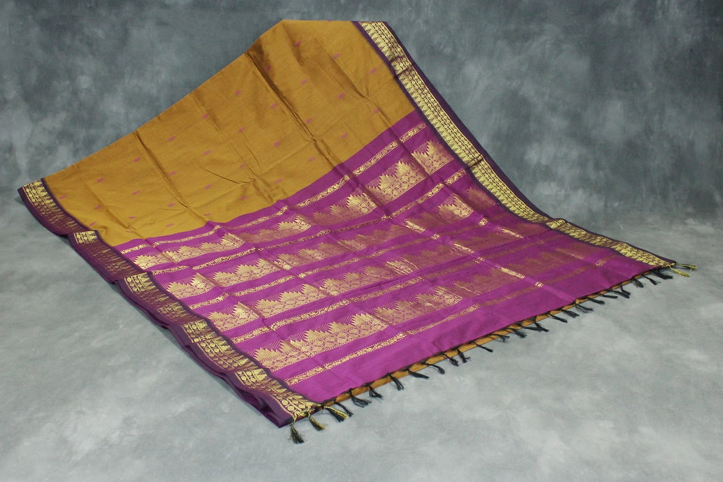 Silk Cotton Dark Mustard Saree with Purple Grand Pallu and Thick Zari Border Saree JCS Fashions