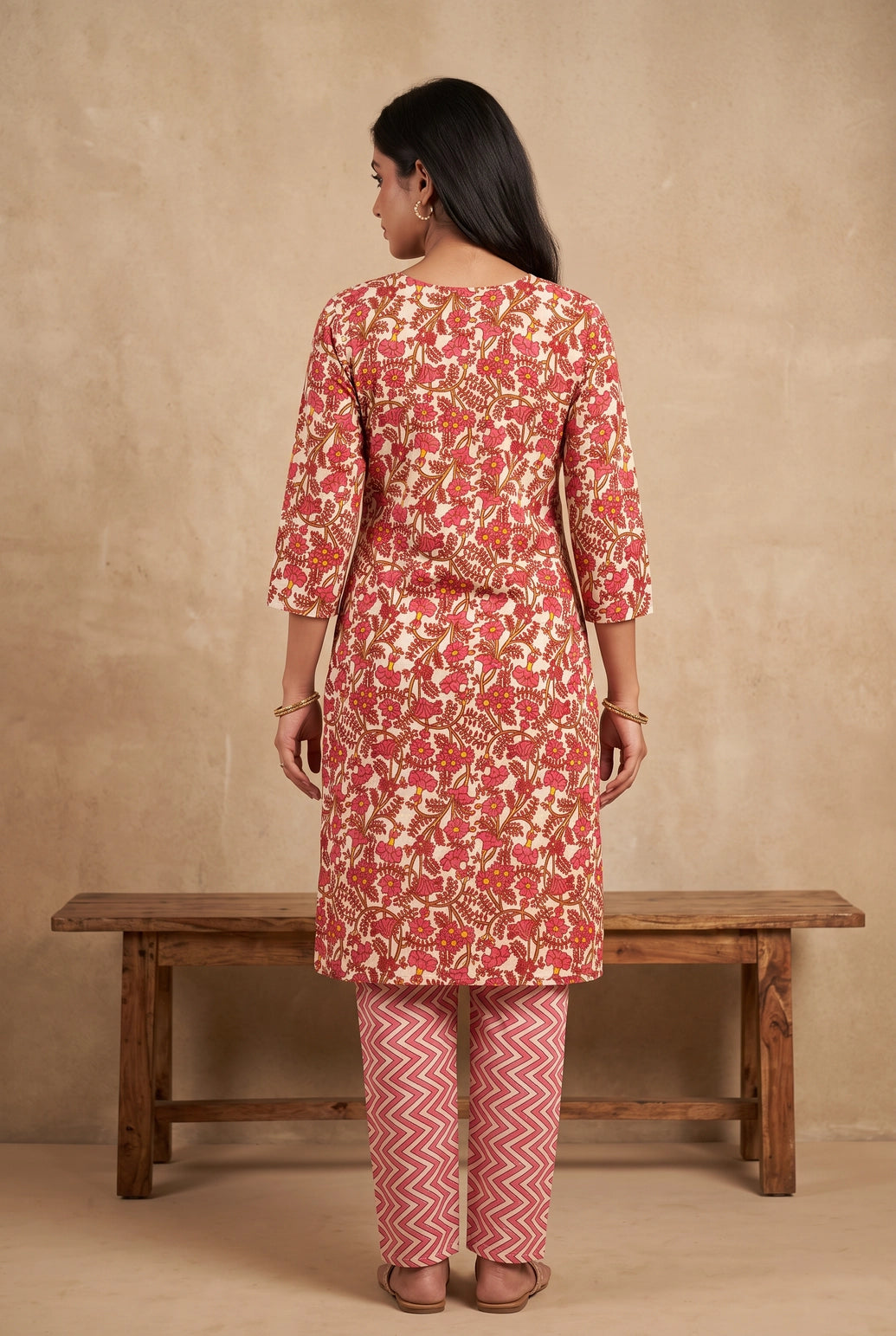 Light Pink Cotton Floral Kurti Set with Printed Pant, Chevron Panels, Lace Trims and Decorative Buttons