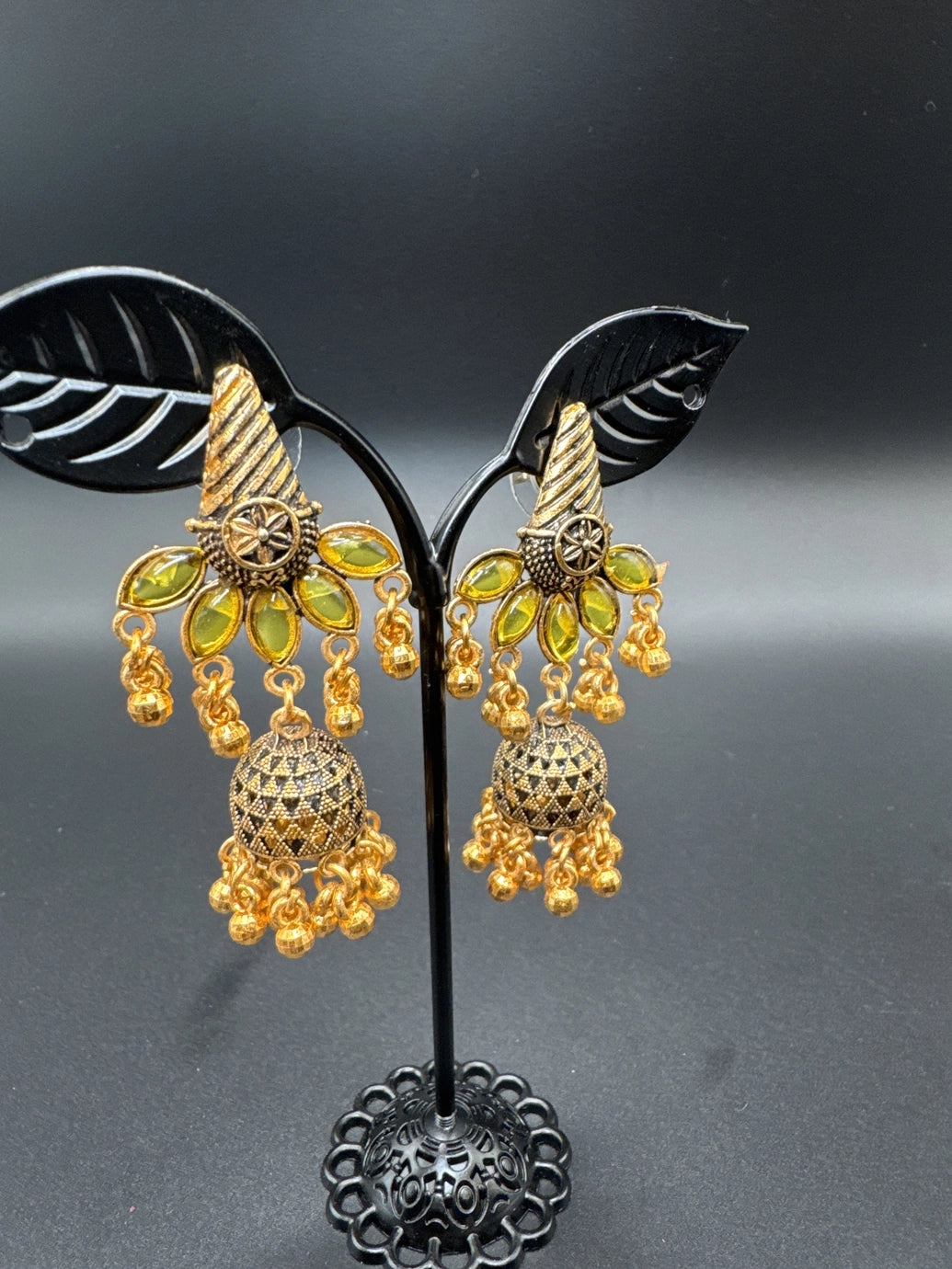 Antique Gold Kundan Jhumka Earrings with Pearl & Green Accents Jewelry JCS Fashions