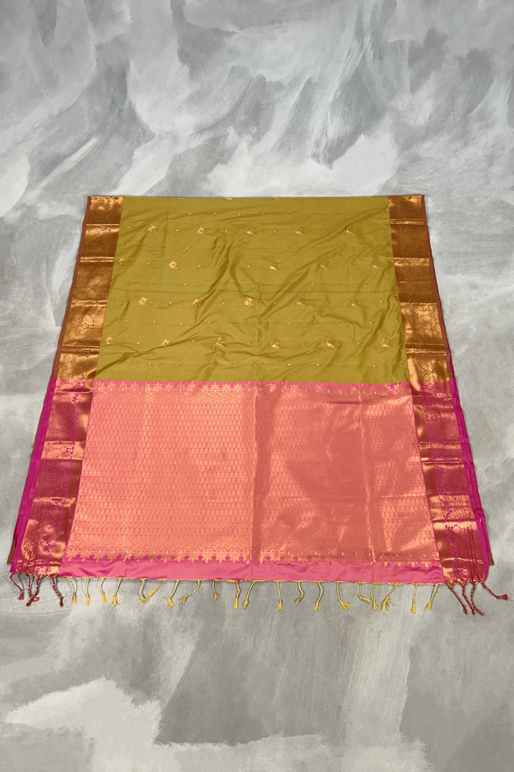 Mustard Korvai Soft Silk Saree with Delicate Gold Zari Buttas and Traditional Floral Border