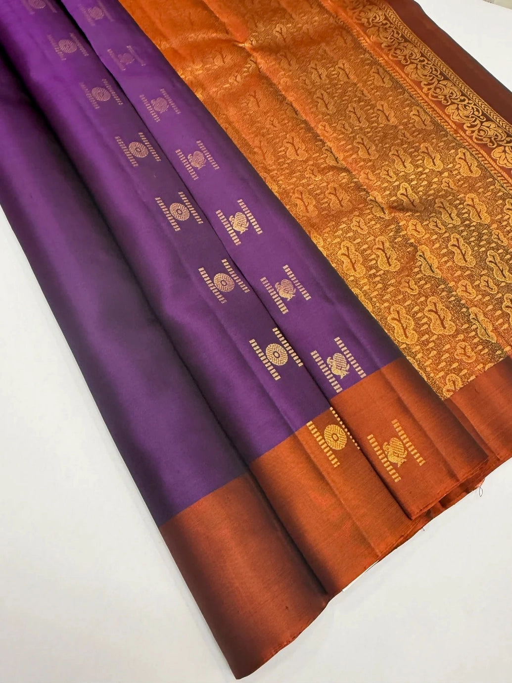 Mauve & Maroon Soft Silk Saree with Contrast Border and All-Over Buti Work