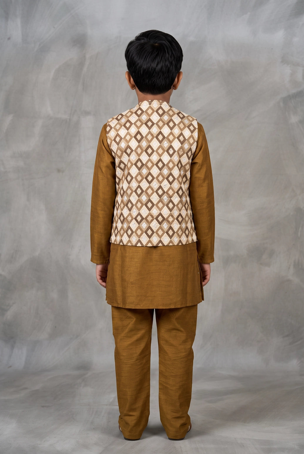 Boys Mustard Yellow Koti Kurta Set with Printed Nehru Jacket, Matching Pajama & Brooch (3-Piece)