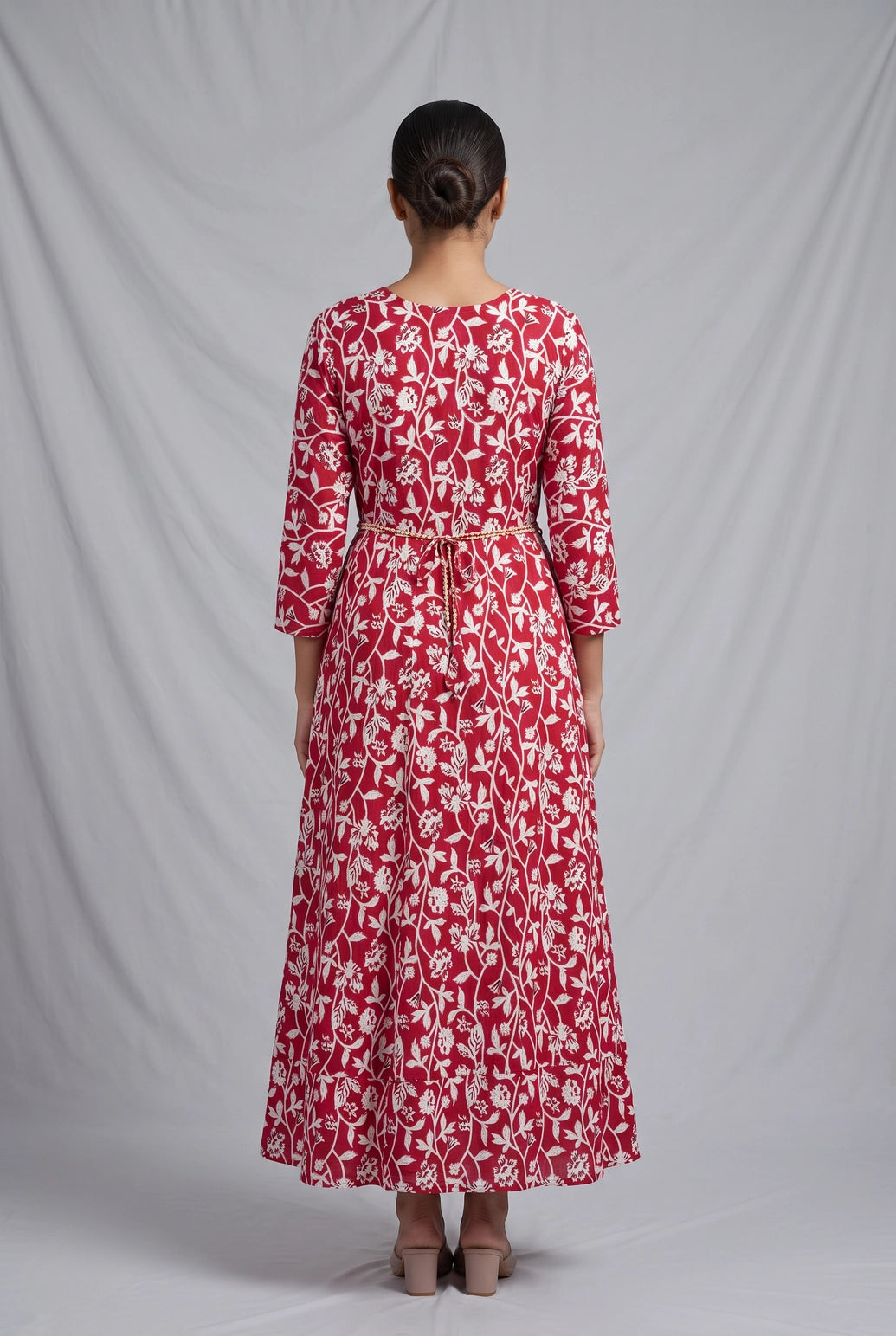 Pink Cotton Anarkali Kurti Gown with Dori Design, Geometric & Floral Print and Silver Sequin Detailing