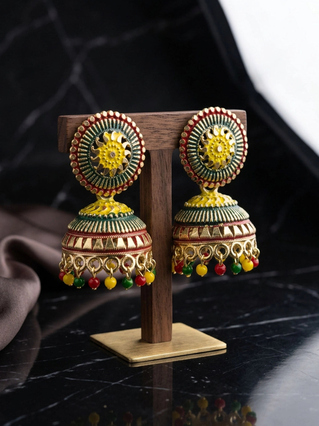 Gold-Tone Multi Color Floral Jhumka Stud Earrings with Bead Drop Danglers for Women
