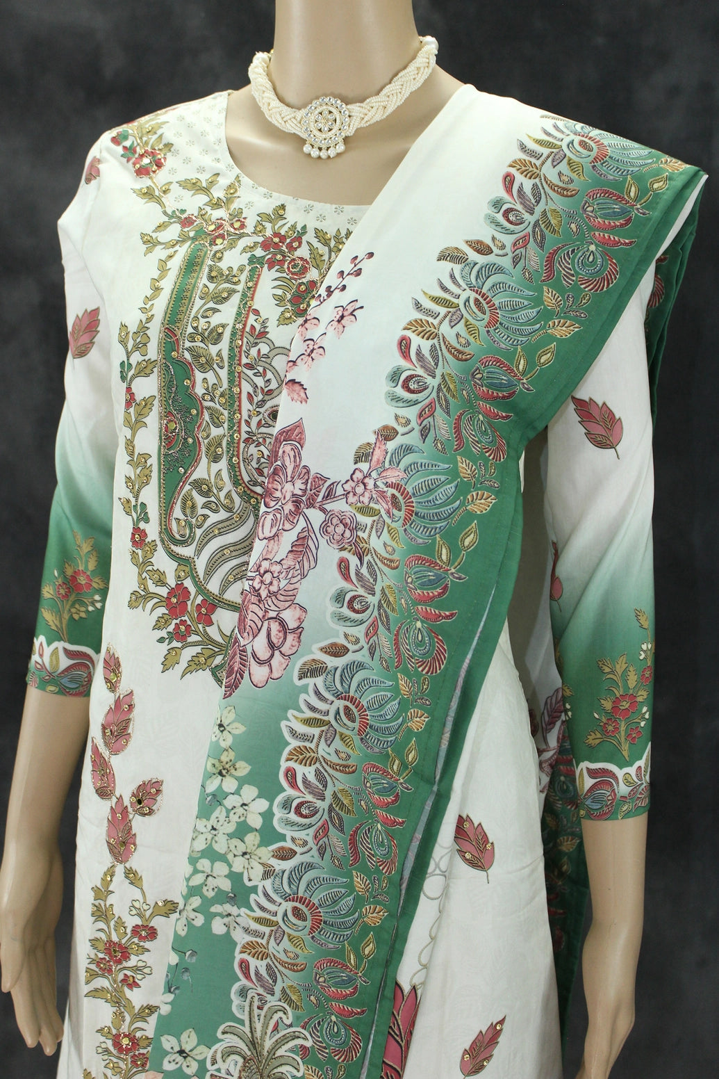 Cream & Green Designer Crepe 3-Piece Salwar Suit with Stone & Mirror Work and Gold-Tone Coin Hangings