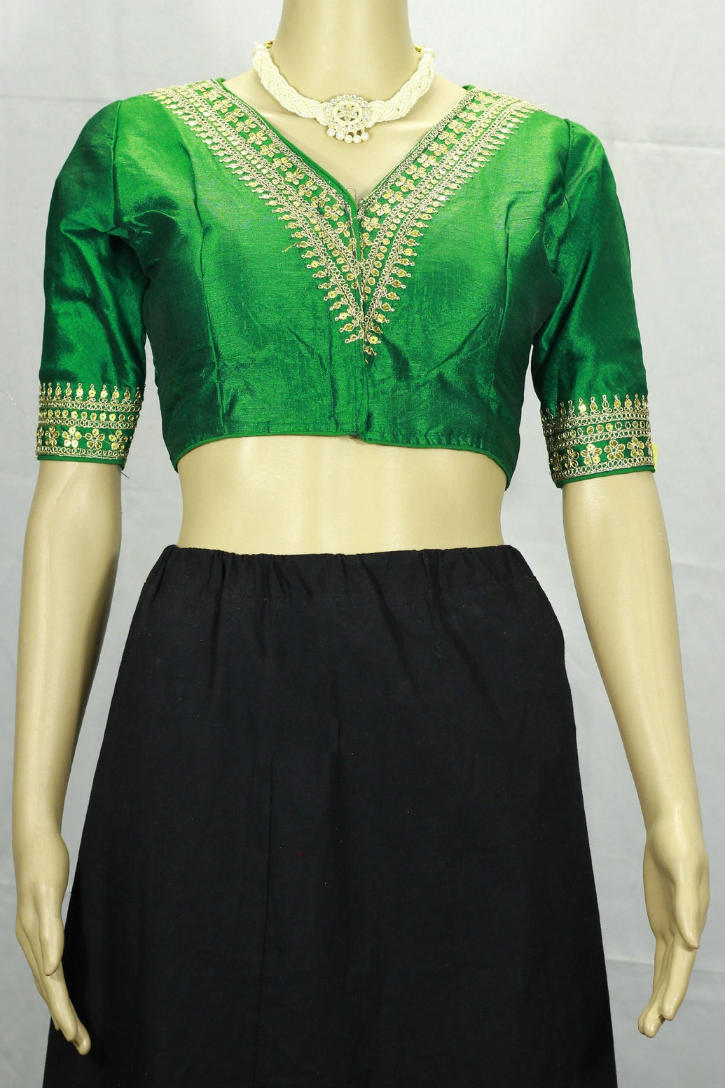 Green Readymade Designer Padded Blouse with V-Neck Gold Zari & Sequin Work, Elbow Sleeves, Back Knot