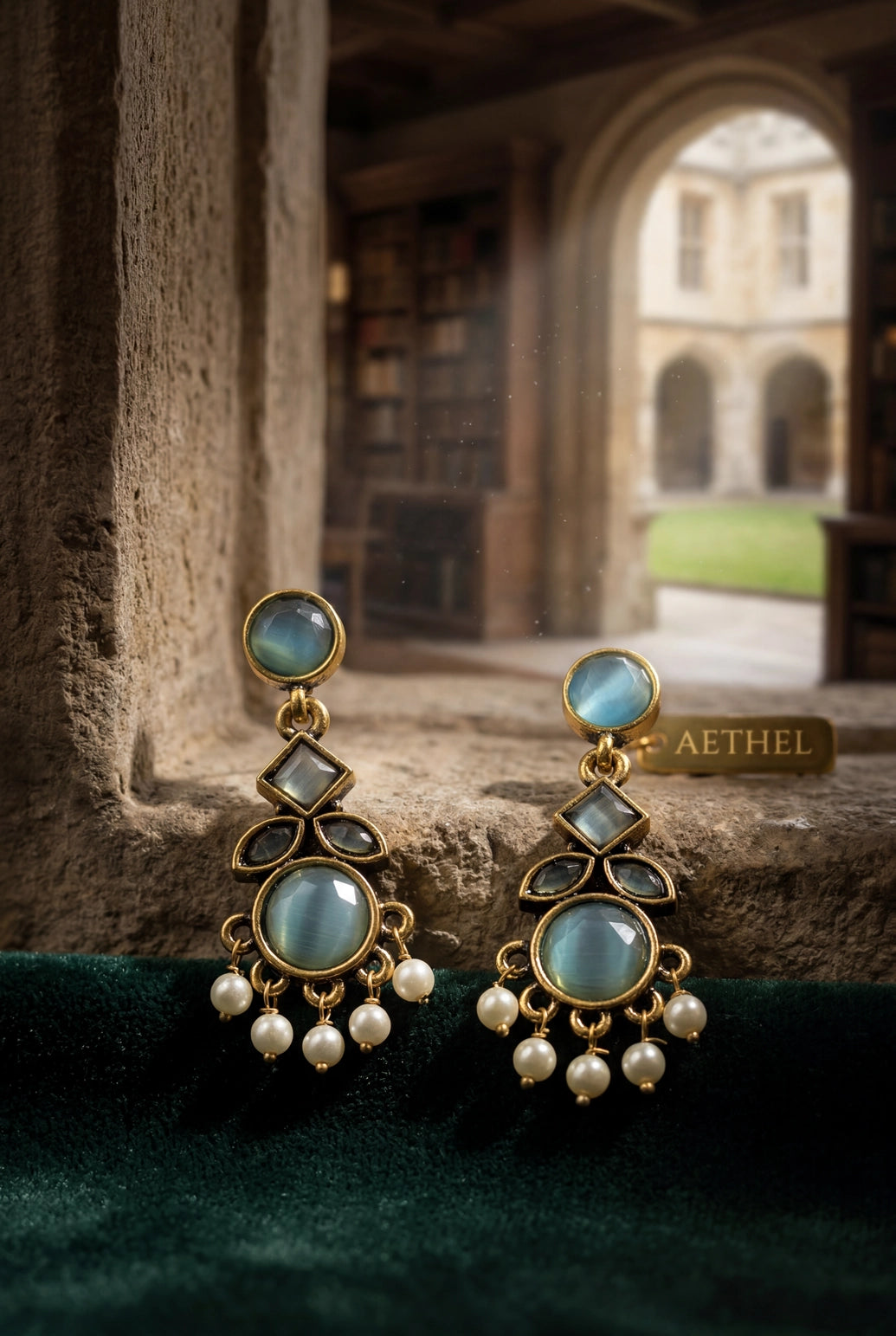 Mint Green Stone & Pearl Drop Gold-Tone Statement Earrings for Women, Oval and Square Design