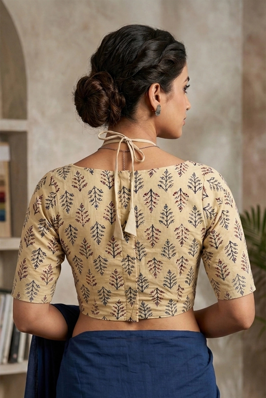 White Floral Padded Cotton Blouse with Leaf Motifs, Elbow Sleeves and Back Knot, Readymade Designer Ready to Wear