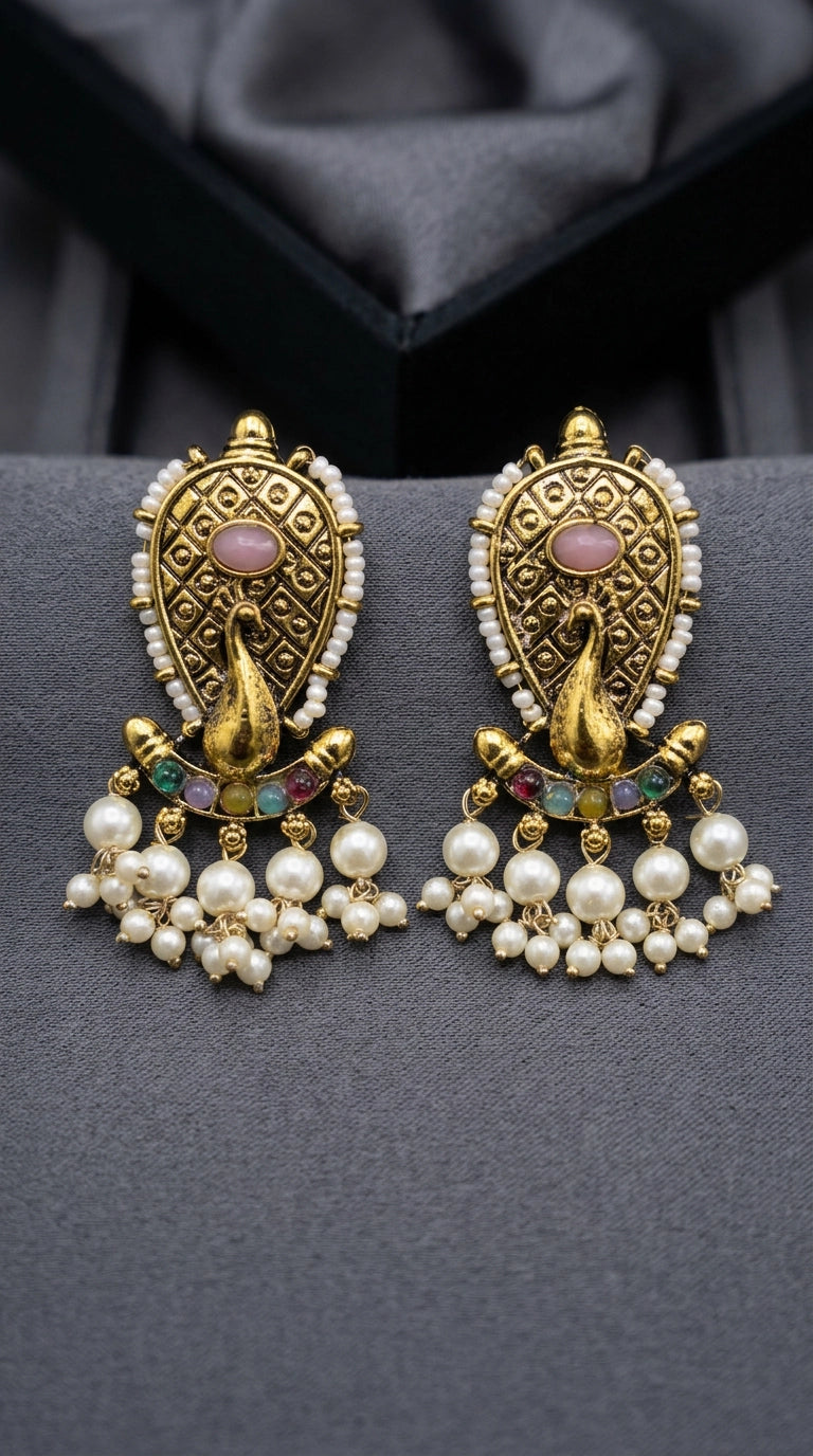 Traditional Oval Stone Antique Gold-Tone Pearl Tassel Earrings in Onion Pink & Multi-Color