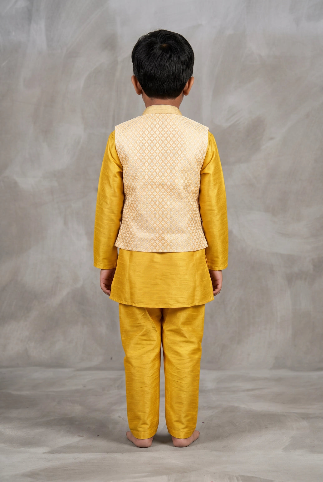 Boys Yellow Cotton 3-Piece Kurta Set with Printed Nehru Jacket, Matching Pants and Brooch