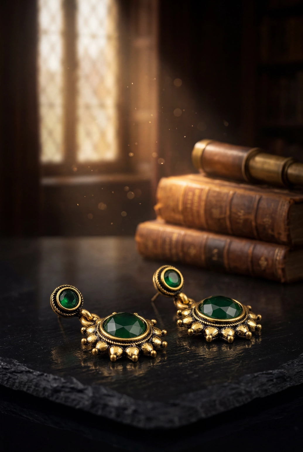 Green Stone Drop Gold-Tone Traditional Fashion Earrings with Antique Finish, Beaded Chandbali Style