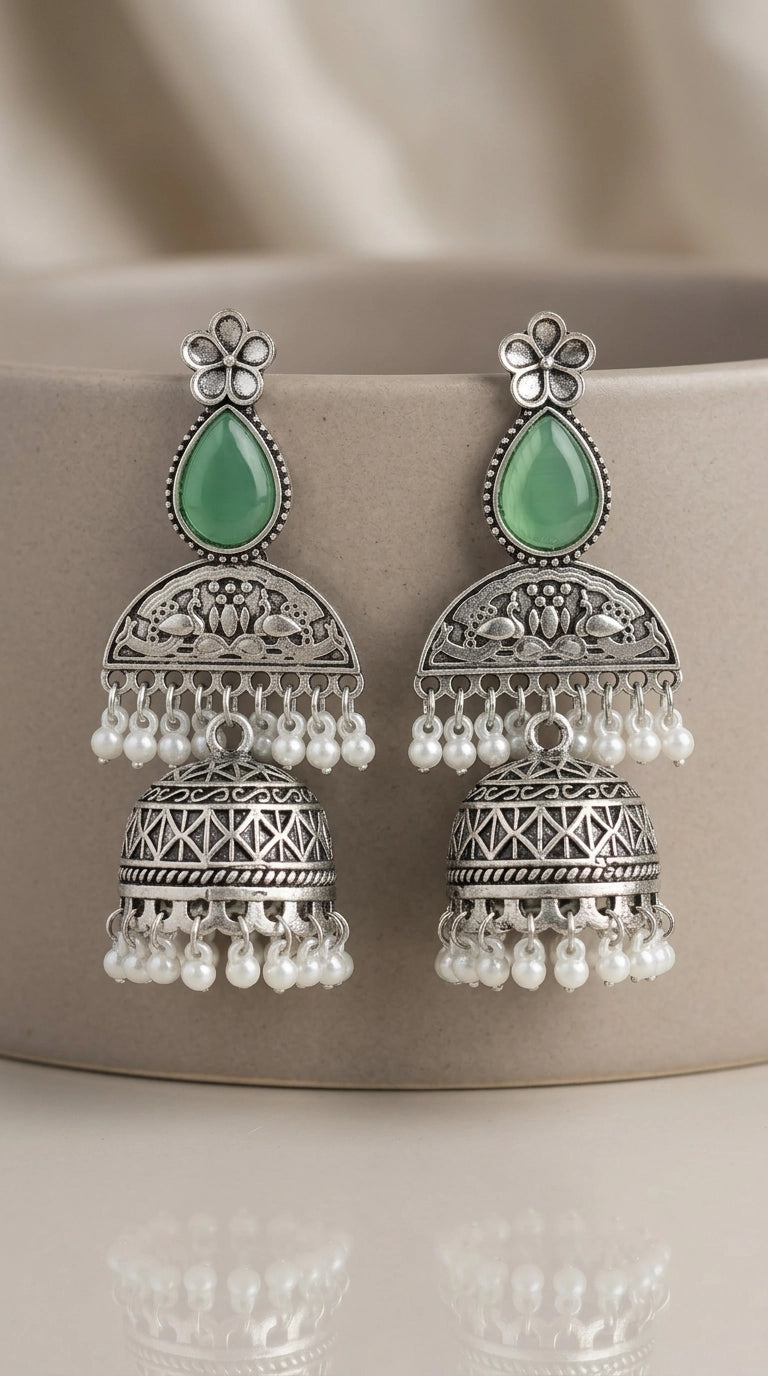 Green Oxidised Silver Jhumka Earrings with Floral Top & Pearl Bead Drops for Traditional Wear