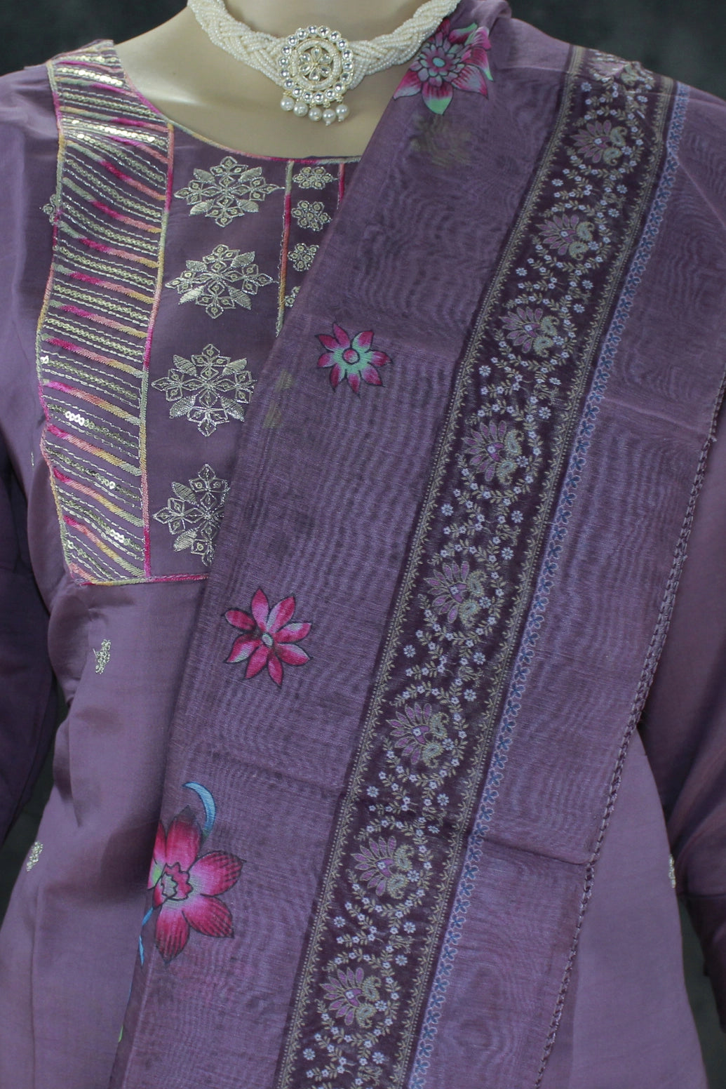 Purple Roman Silk 3-Piece Embroidered Kurti Set with Bead Handwork, Elastic Pants & Digital Dupatta Kurti JCS Fashions
