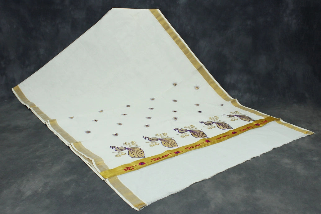 White Kerala Cotton Saree with Gold Zari and Purple Peacock Machine Embroidery, Includes Blouse Piece