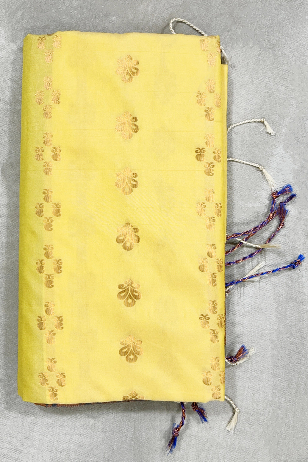 Yellow Semi Soft Silk Saree with Contrast Border, Gold Zari Buttas and Traditional Floral Zari Border