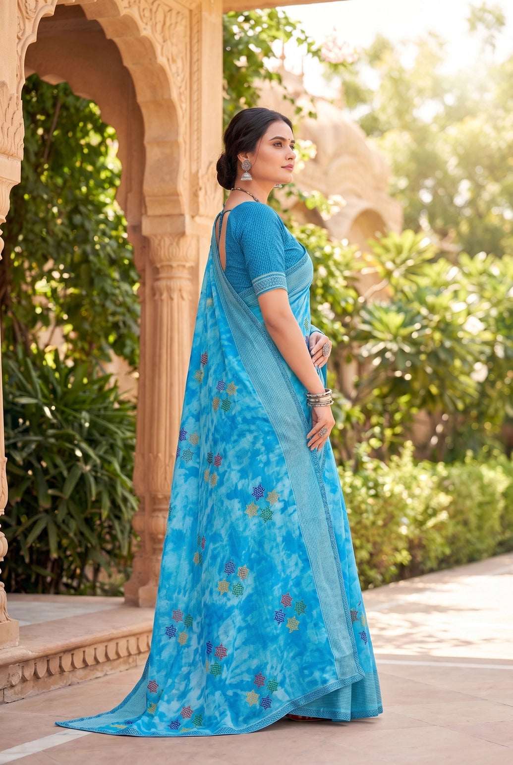 Sky Blue Chiffon Saree with Tie-Dye Print and Star Motifs, Shimmering Striped Border with Blouse