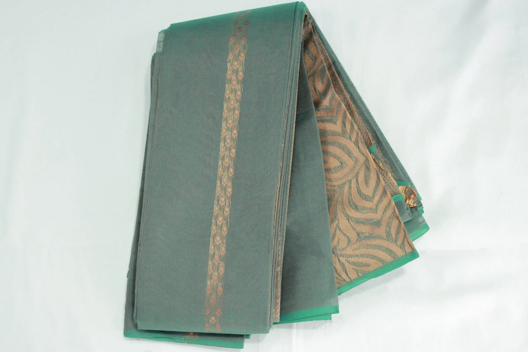 Seaweed Green Silk Cotton Saree with Zari Border and Blouse Piece, Border Less Design