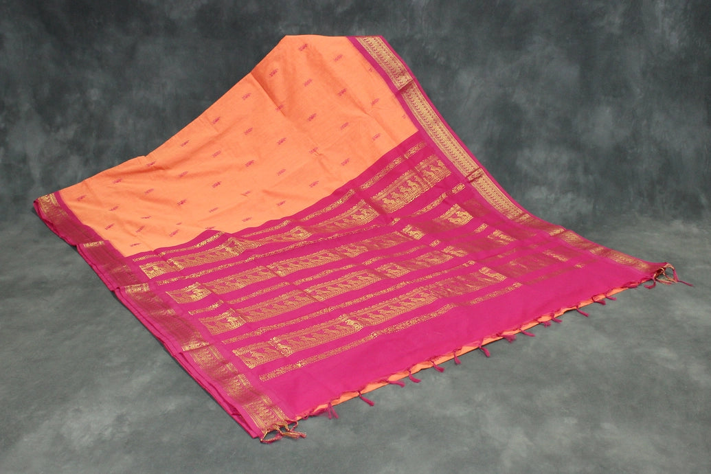 Orange & Pink Silk Cotton Saree with Grand Pallu and Thick Zari Border