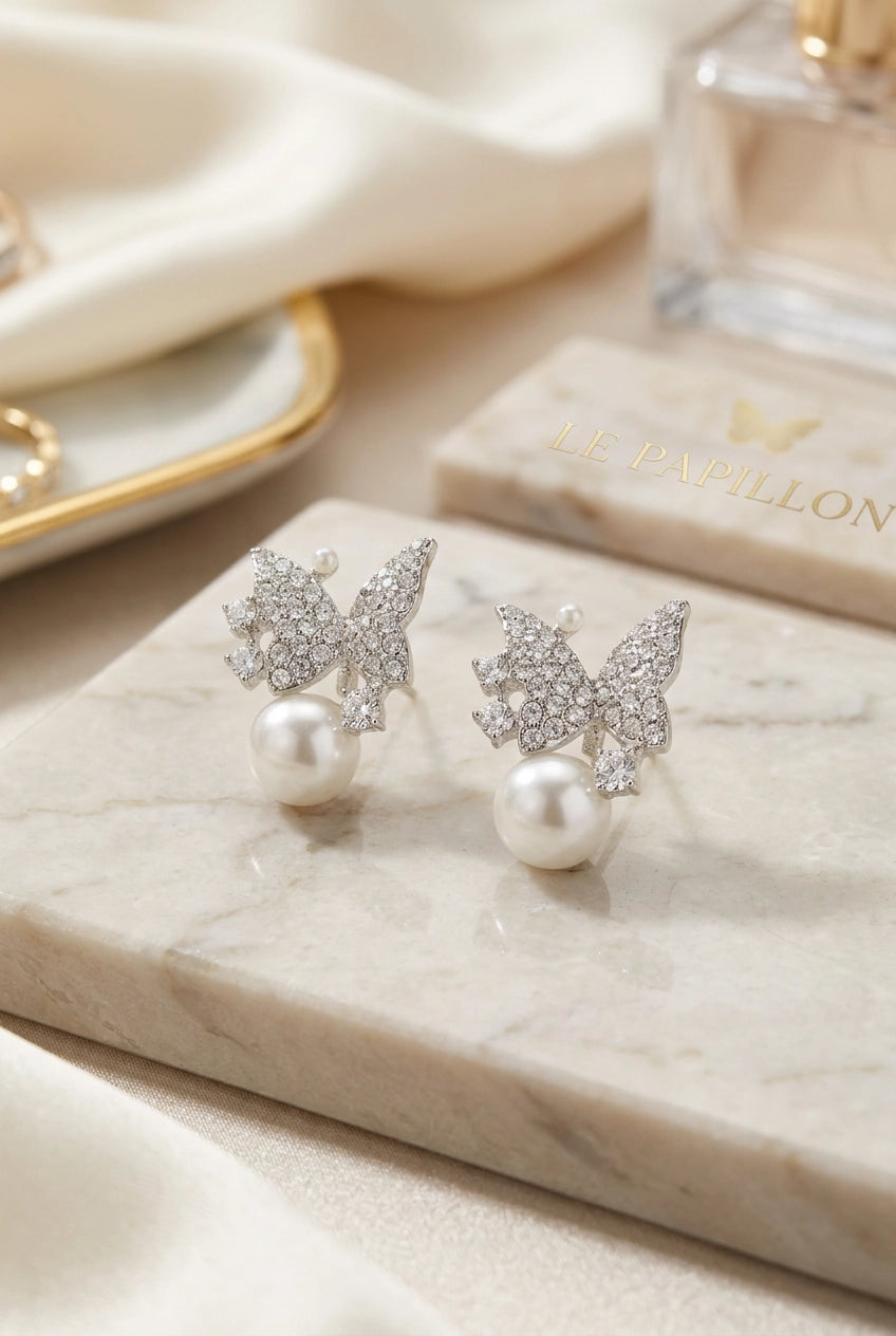 White Stone Butterfly Stud Earrings with Round Pearl Drop, Silver-Tone Fashion Jewellery for Women