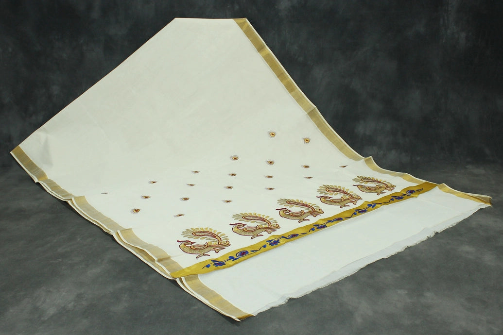 Pure Kerala Cotton White Saree with Gold Zari Peacock Embroidery Pallu – Blouse Piece Included