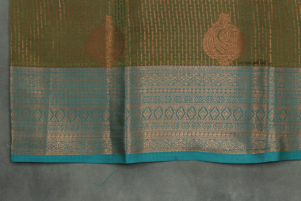 Bridal Kubera Pattu Saree Mehendi Green with Teal Blue Zari Border - Full Body Zari Work Saree JCS Fashions