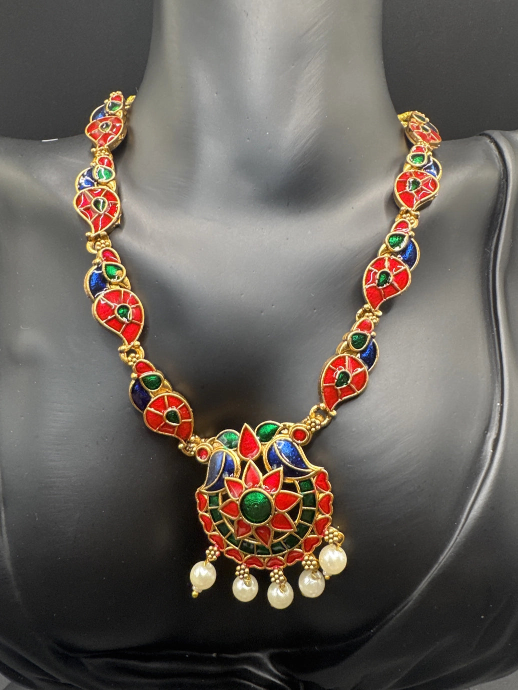 Gold-Tone Multicolour Peacock Necklace Set with Pearl Drops and Matching Earrings Jewelry JCS Fashions