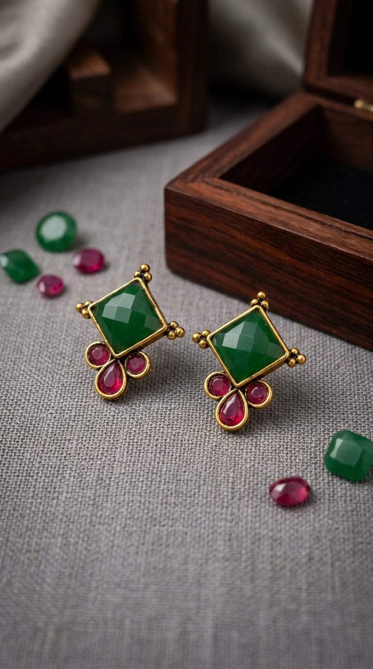 Green & Red Stone Square Stud Earrings in Gold-Tone Frame with Teardrop Accents for Ethnic Wear
