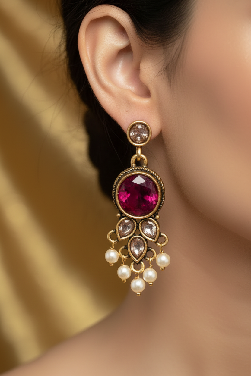 Purple Stone Pearl Drop Earrings - Gold-Tone Antique Finish Ethnic Fashion Jewellery