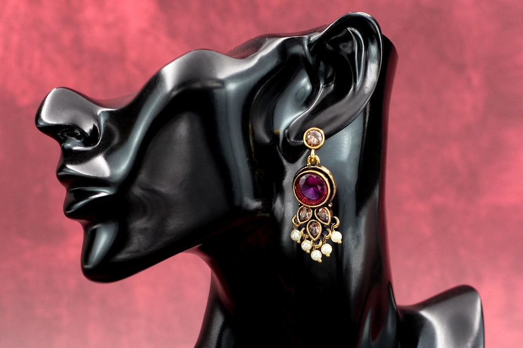 Purple Stone Pearl Drop Earrings - Gold-Tone Antique Finish Ethnic Fashion Jewellery Jewelry JCS Fashions